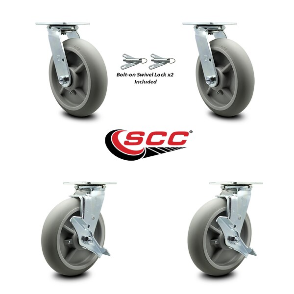 8 Inch Thermoplastic Rubber Caster Set with Ball Bearings 2 Swivel Lock 2 Brake